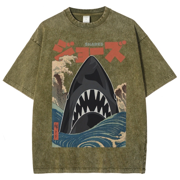 "Ukiyo-e Sharks" Jaws Parody Washed T-Shirt