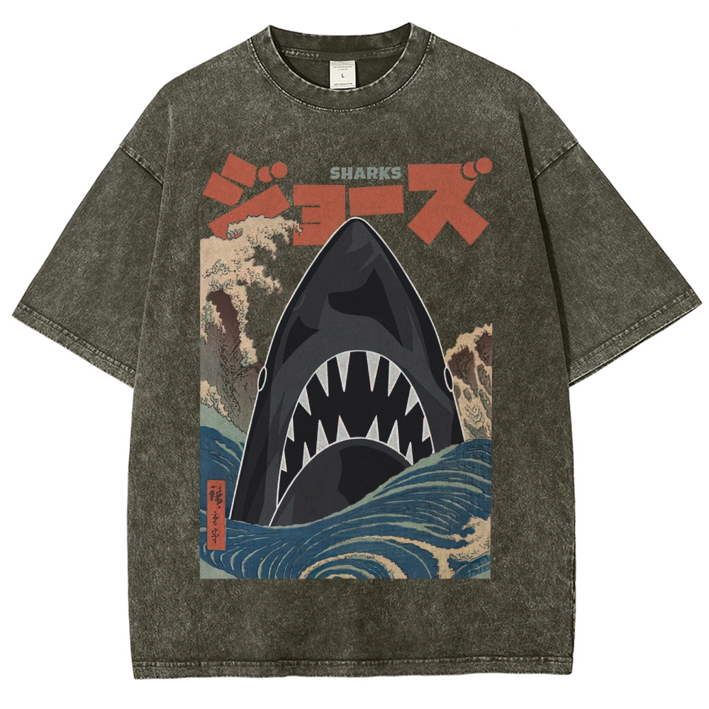 "Ukiyo-e Sharks" Jaws Parody Washed T-Shirt