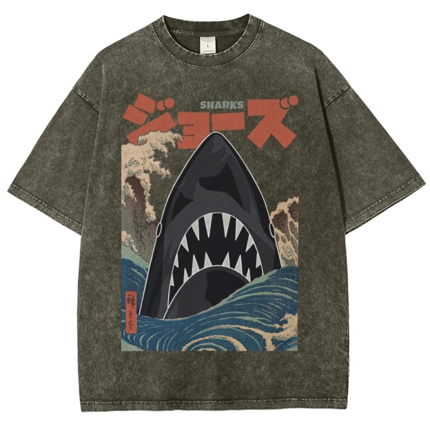 "Ukiyo-e Sharks" Jaws Parody Washed T-Shirt