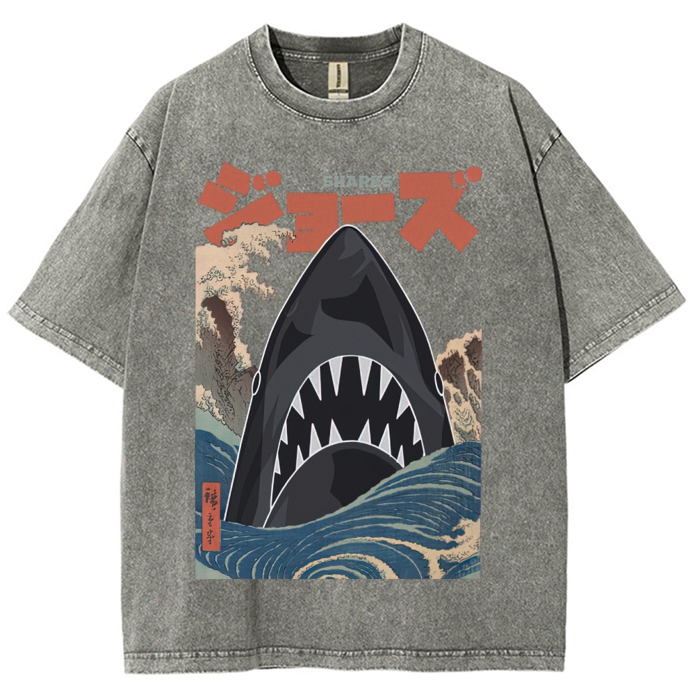 "Ukiyo-e Sharks" Jaws Parody Washed T-Shirt