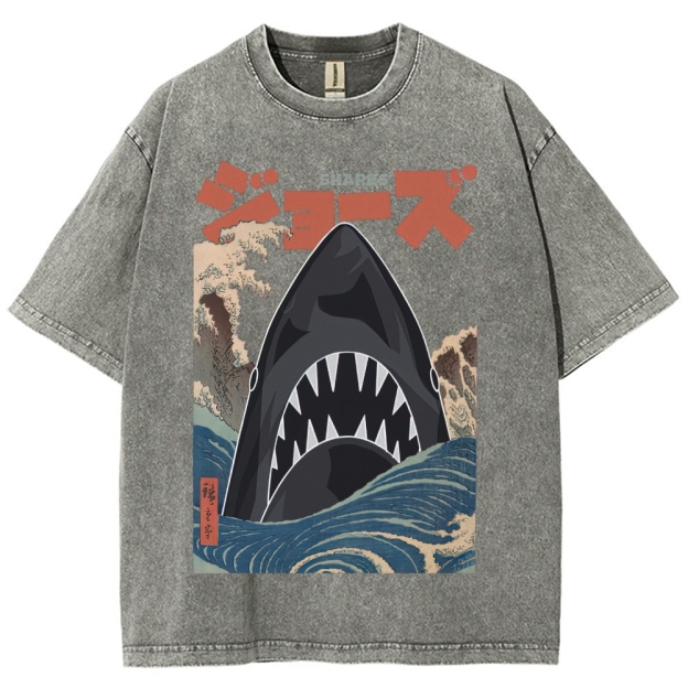 "Ukiyo-e Sharks" Jaws Parody Washed T-Shirt