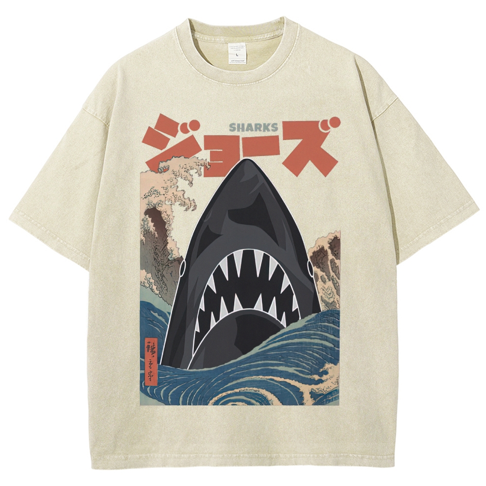 "Ukiyo-e Sharks" Jaws Parody Washed T-Shirt