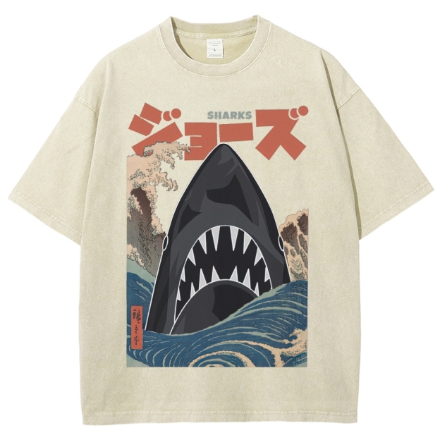 "Ukiyo-e Sharks" Jaws Parody Washed T-Shirt