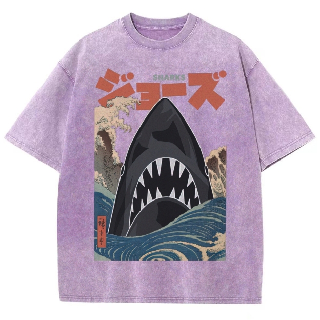 "Ukiyo-e Sharks" Jaws Parody Washed T-Shirt