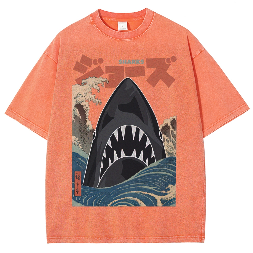 "Ukiyo-e Sharks" Jaws Parody Washed T-Shirt