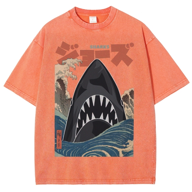 "Ukiyo-e Sharks" Jaws Parody Washed T-Shirt