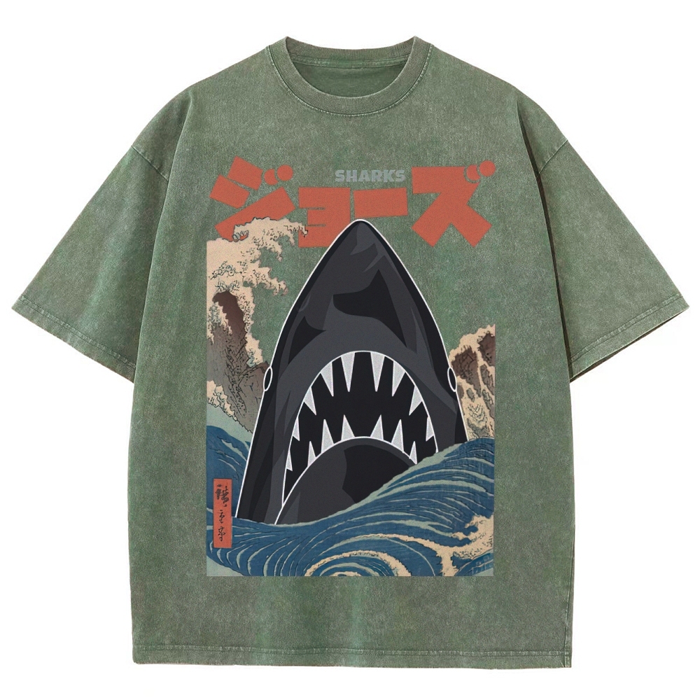 "Ukiyo-e Sharks" Jaws Parody Washed T-Shirt