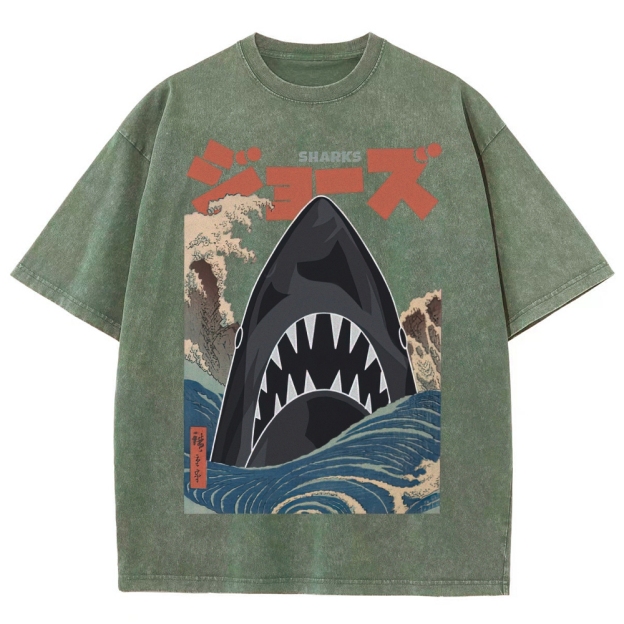 "Ukiyo-e Sharks" Jaws Parody Washed T-Shirt