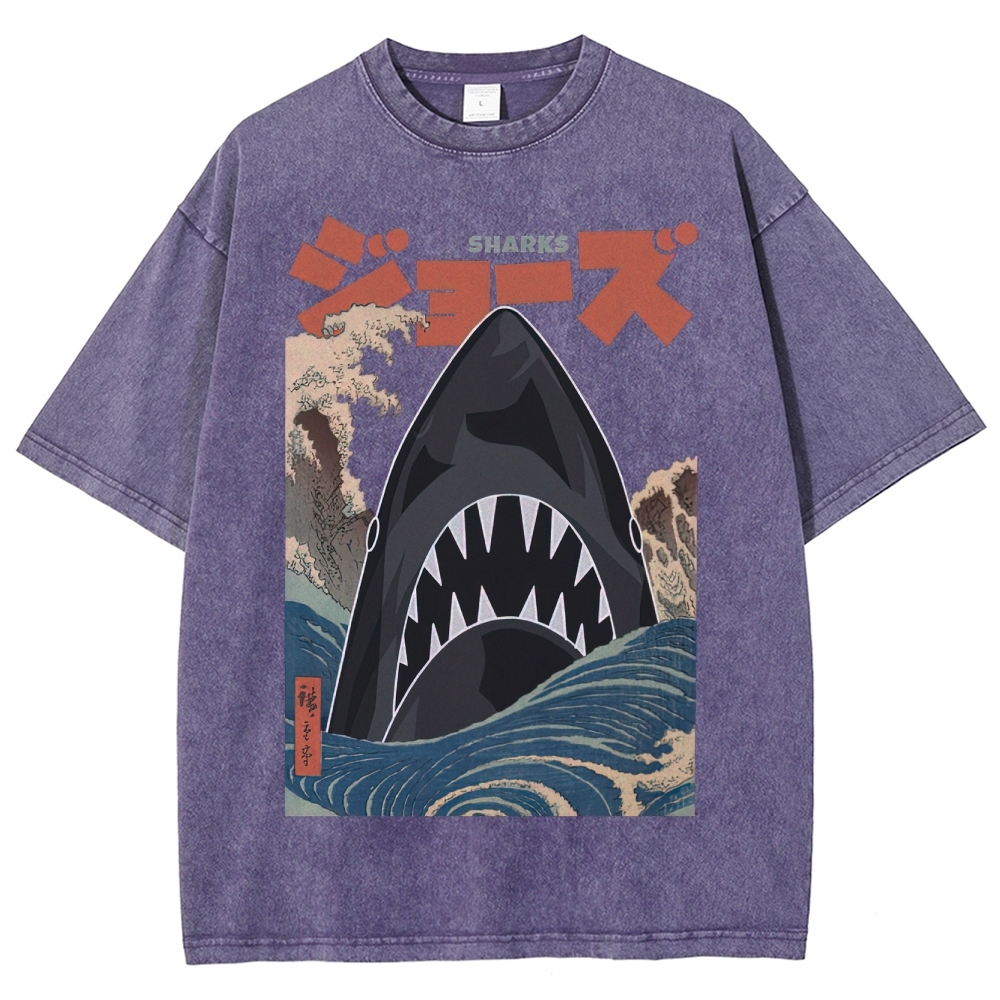 "Ukiyo-e Sharks" Jaws Parody Washed T-Shirt