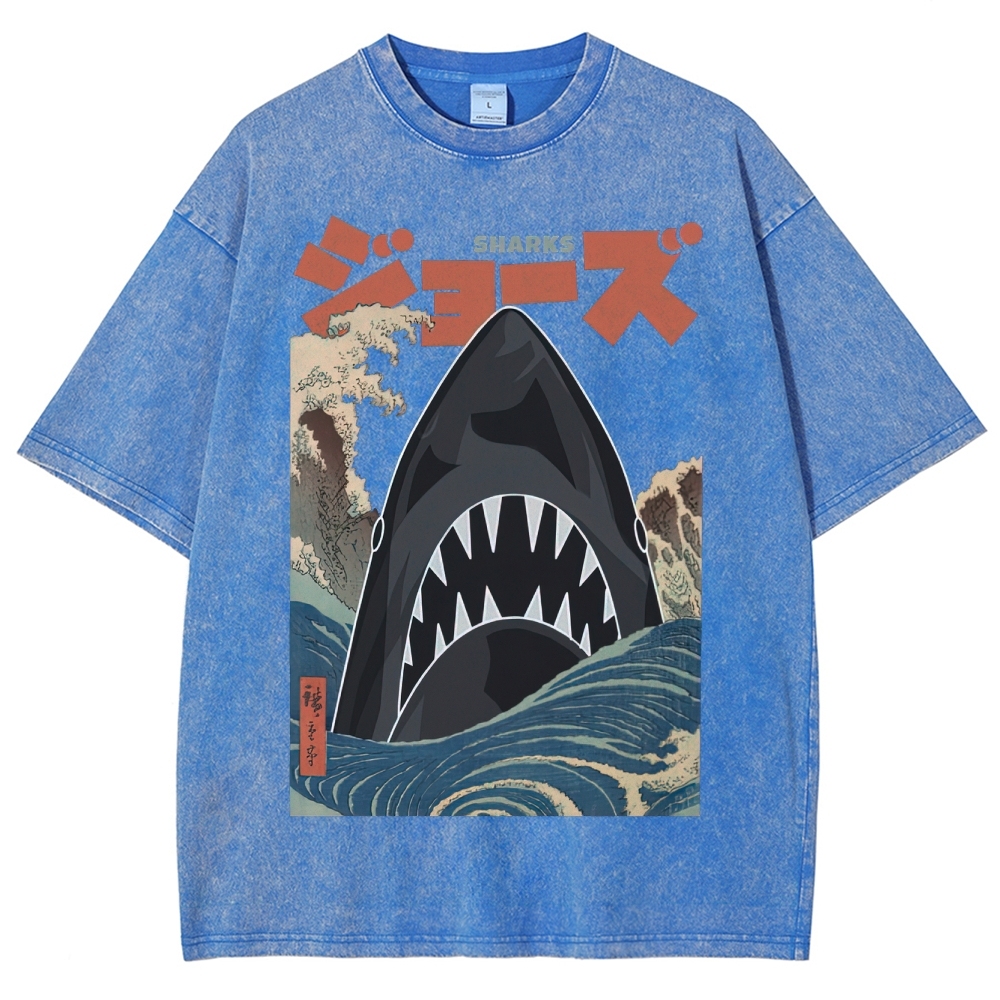 "Ukiyo-e Sharks" Jaws Parody Washed T-Shirt