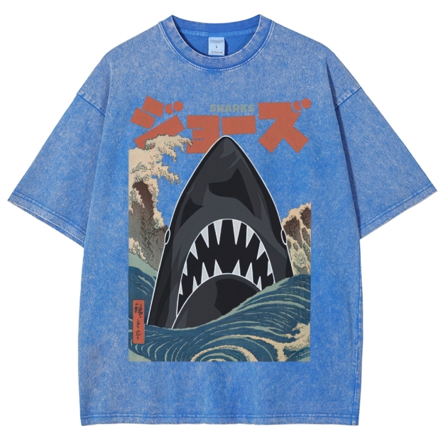 "Ukiyo-e Sharks" Jaws Parody Washed T-Shirt