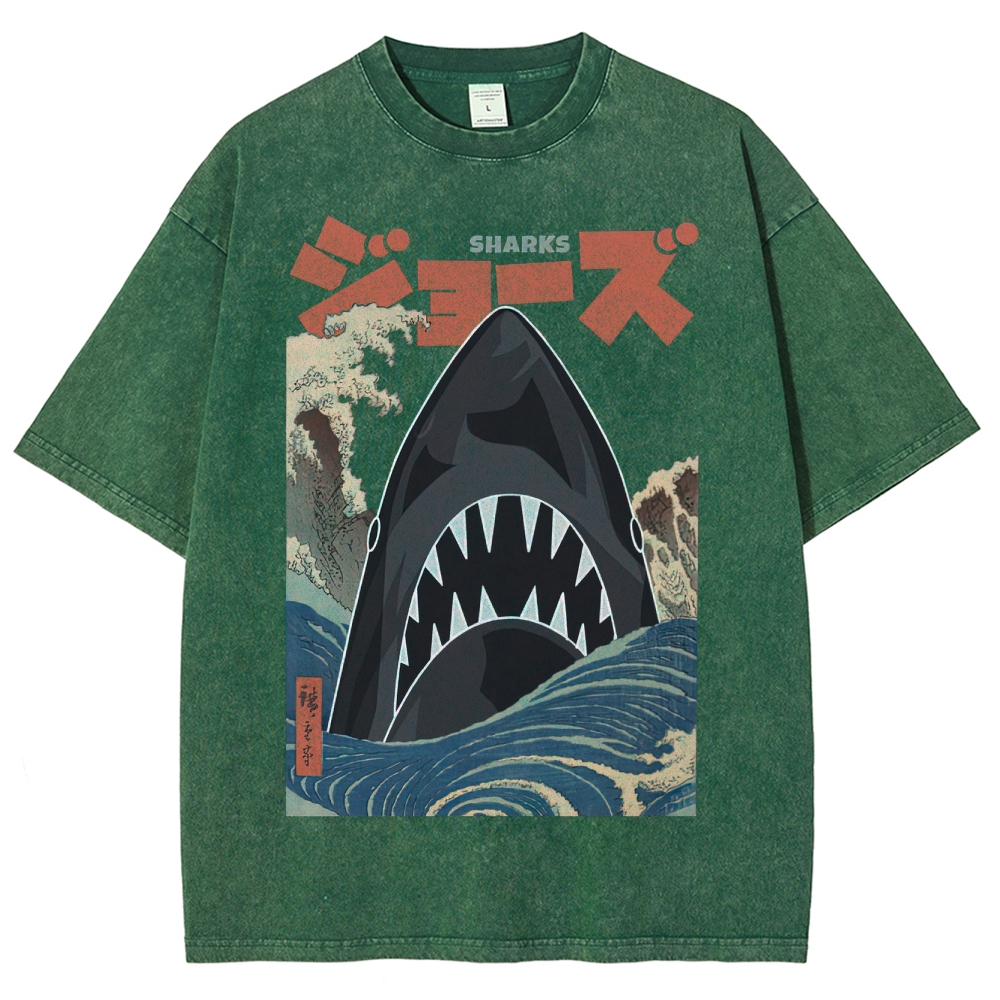"Ukiyo-e Sharks" Jaws Parody Washed T-Shirt