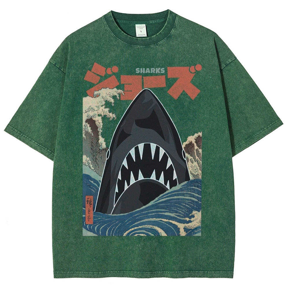 "Ukiyo-e Sharks" Jaws Parody Washed T-Shirt
