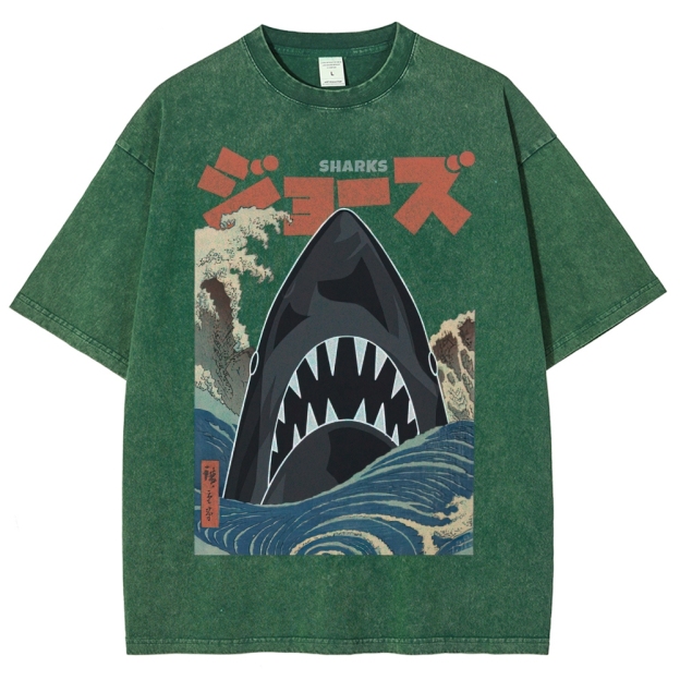 "Ukiyo-e Sharks" Jaws Parody Washed T-Shirt