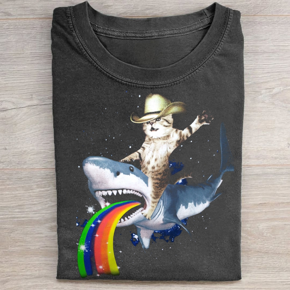 Cosmic Cat Riding Shark Rainbow  Washed Tee 
