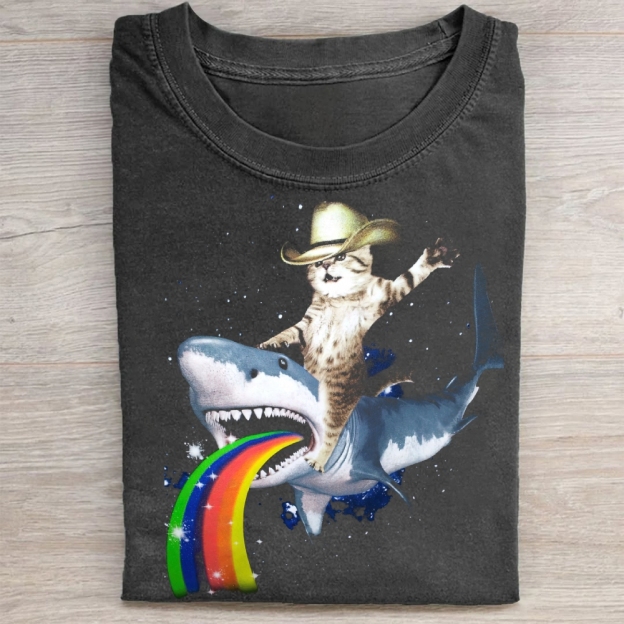 Cosmic Cat Riding Shark Rainbow  Washed Tee 