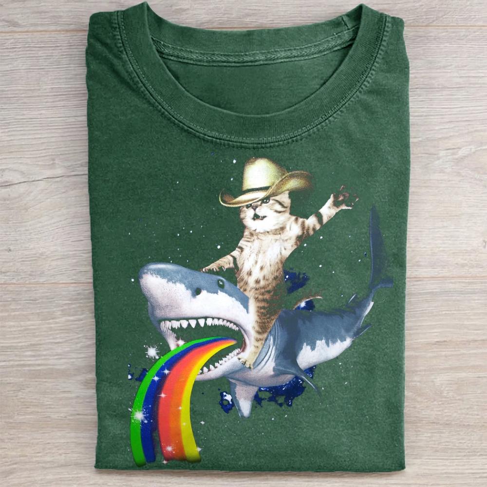 Cosmic Cat Riding Shark Rainbow  Washed Tee 