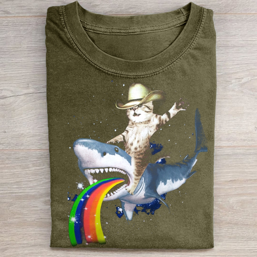 Cosmic Cat Riding Shark Rainbow  Washed Tee 