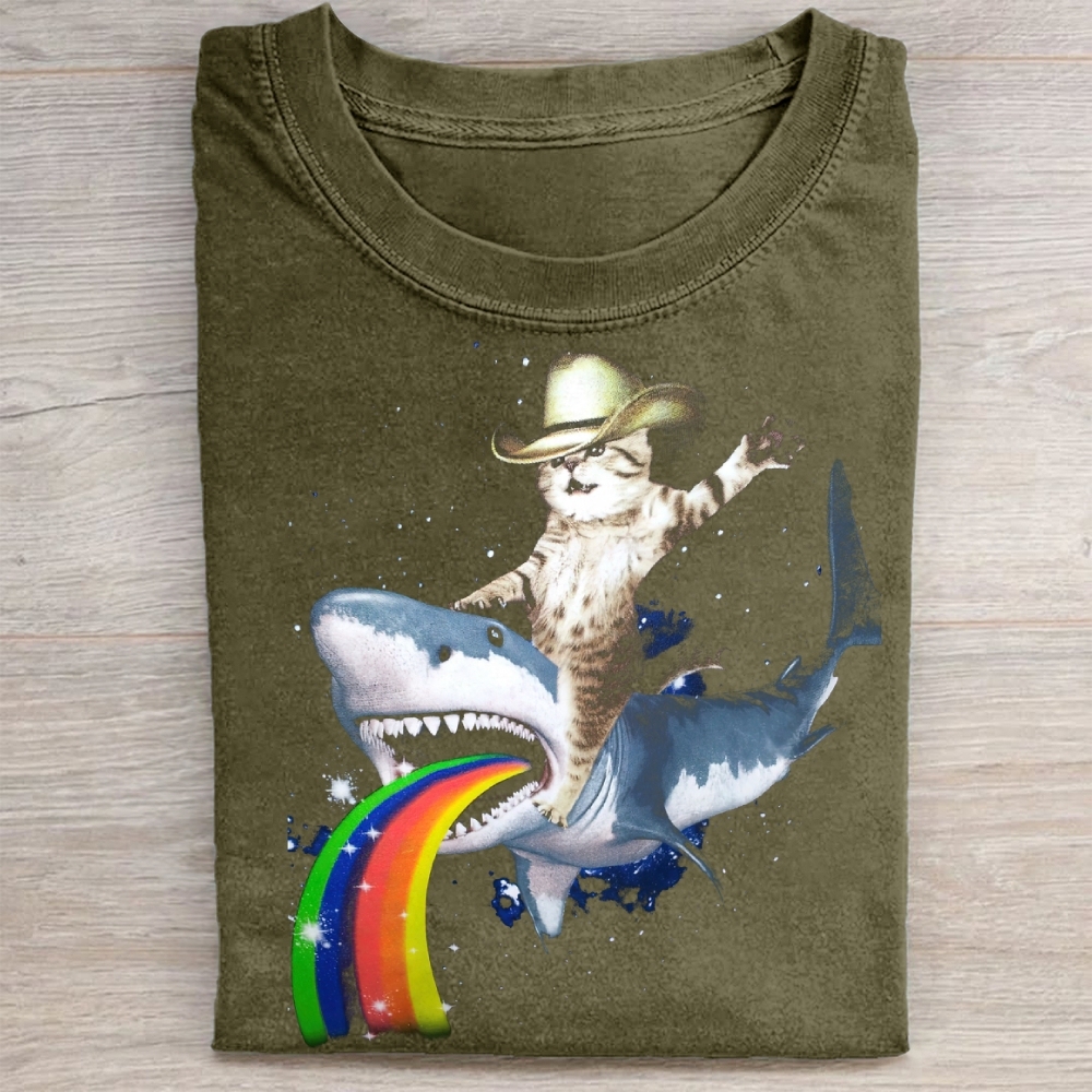 Cosmic Cat Riding Shark Rainbow  Washed Tee 