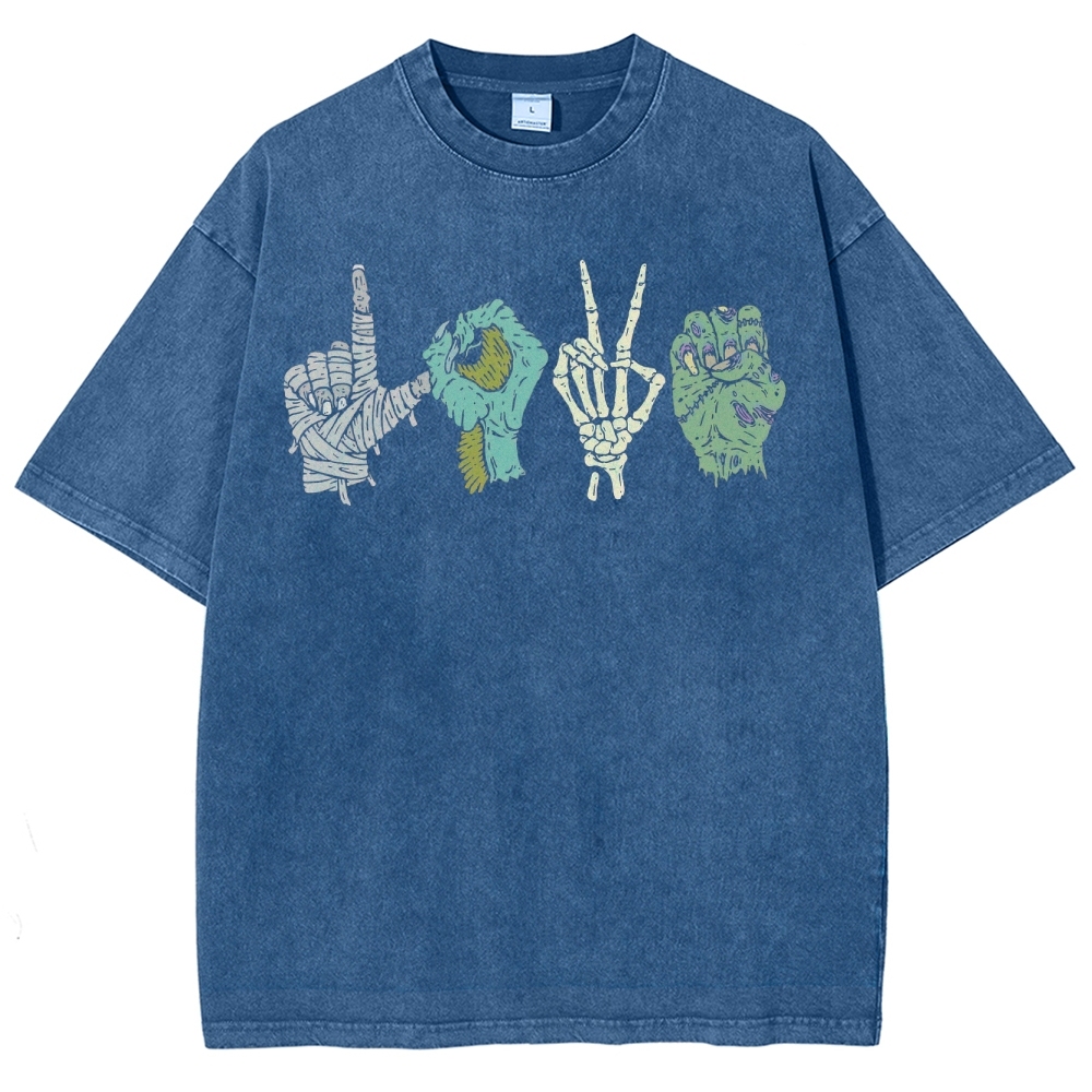 ASL Love Horror Hands  Washed T-Shirt 