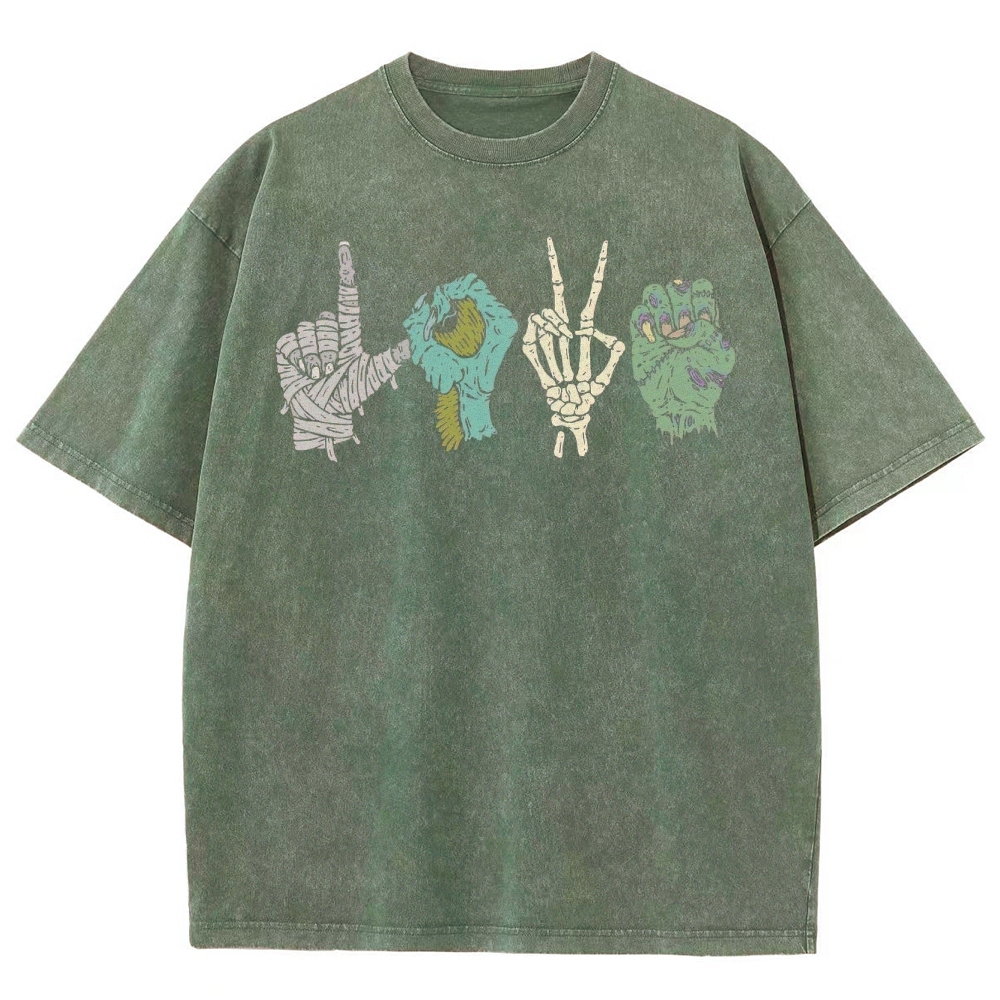 ASL Love Horror Hands  Washed T-Shirt 
