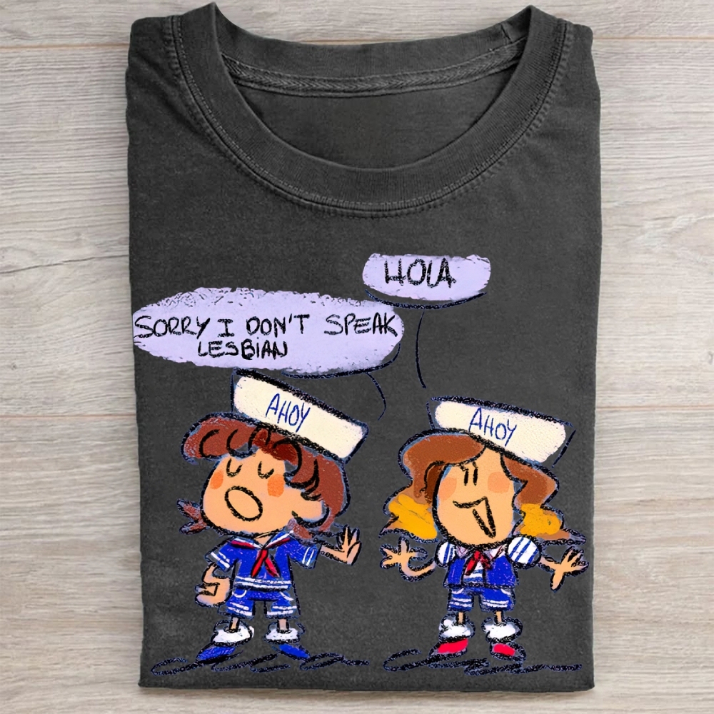 "Sorry I Don't Speak Lesbian" Stranger Things Scoops Troop Vintage Washed Tee