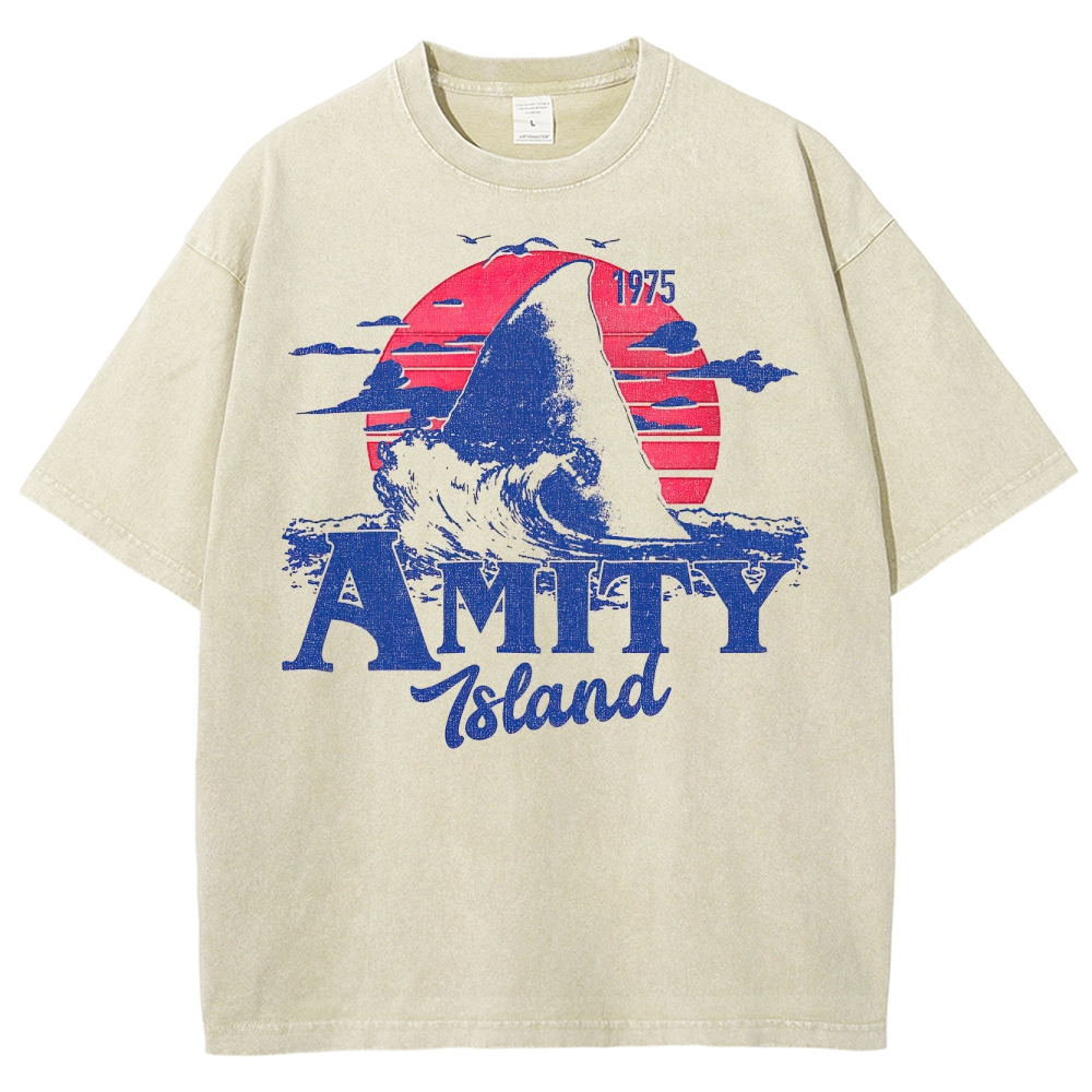 "Amity Island 1975" Sunset Shark Washed T-Shirt
