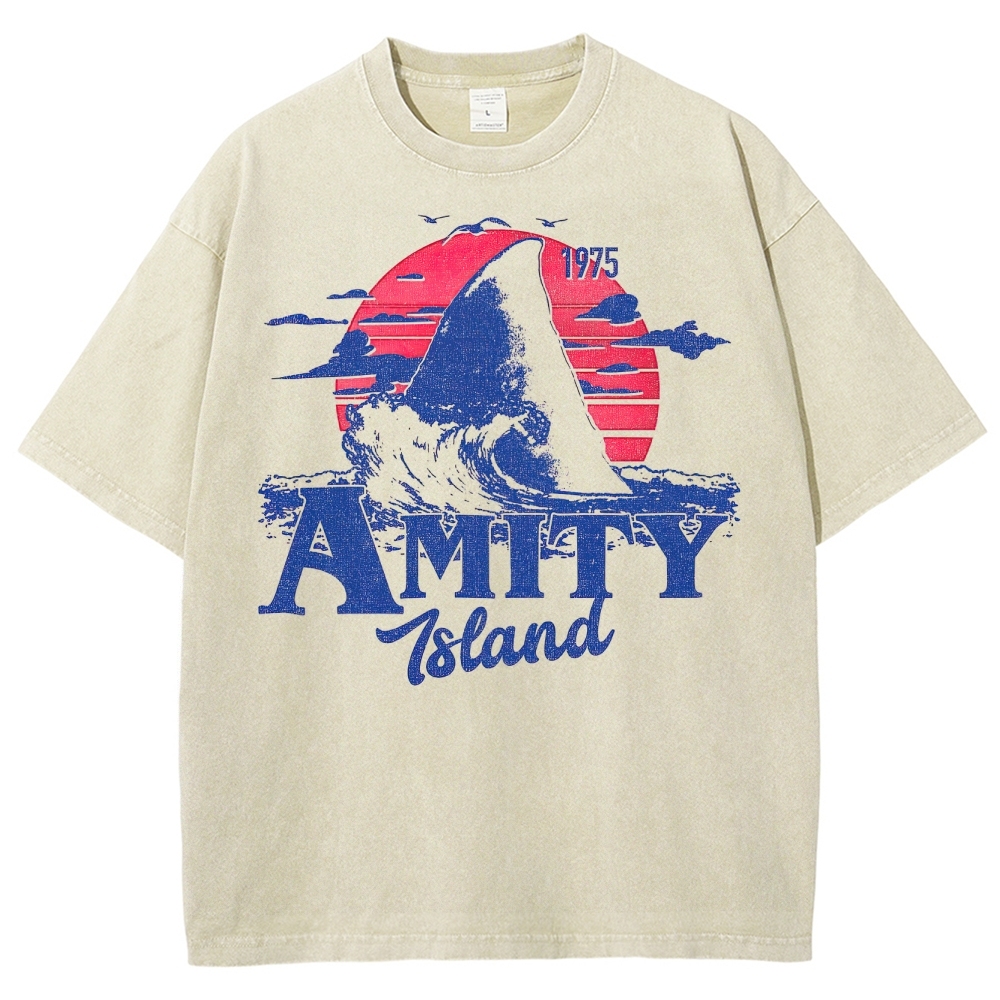 "Amity Island 1975" Sunset Shark Washed T-Shirt