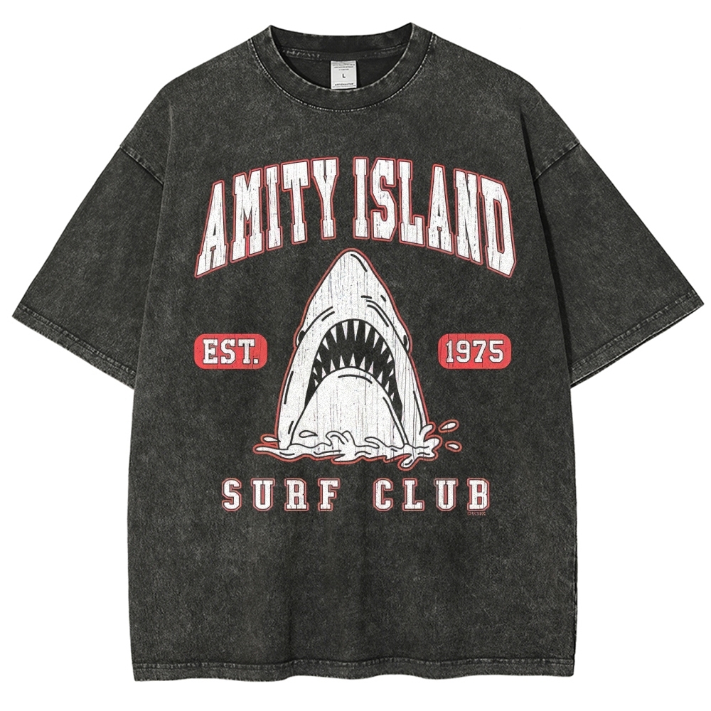 "Amity Island Surf Club" Retro Shark Washed T-Shirt