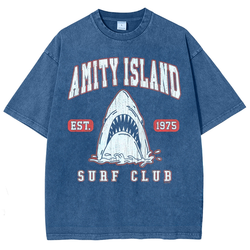 "Amity Island Surf Club" Retro Shark Washed T-Shirt