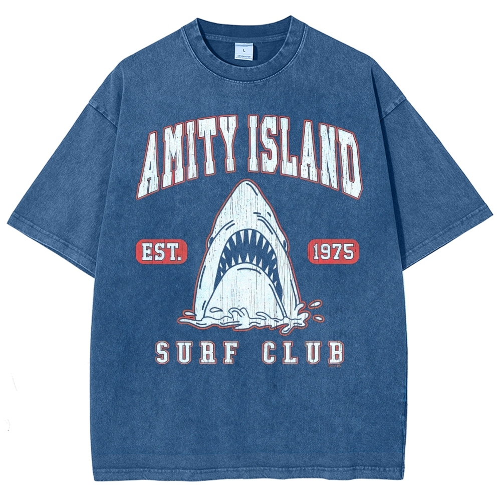 "Amity Island Surf Club" Retro Shark Washed T-Shirt