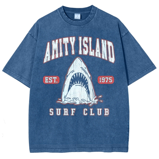 "Amity Island Surf Club" Retro Shark Washed T-Shirt