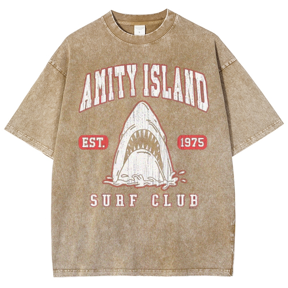 "Amity Island Surf Club" Retro Shark Washed T-Shirt