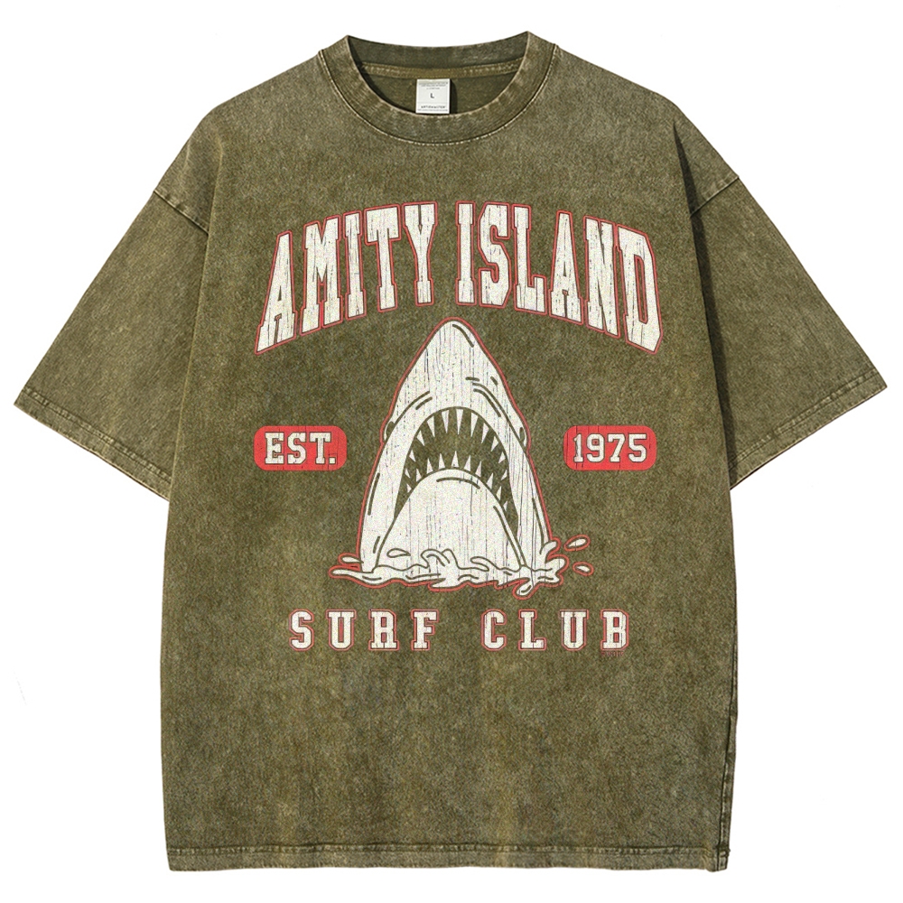 "Amity Island Surf Club" Retro Shark Washed T-Shirt