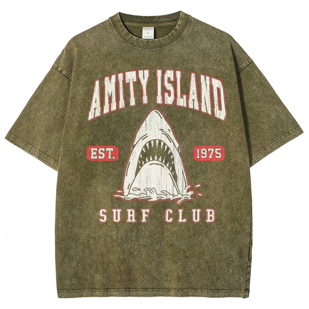 "Amity Island Surf Club" Retro Shark Washed T-Shirt