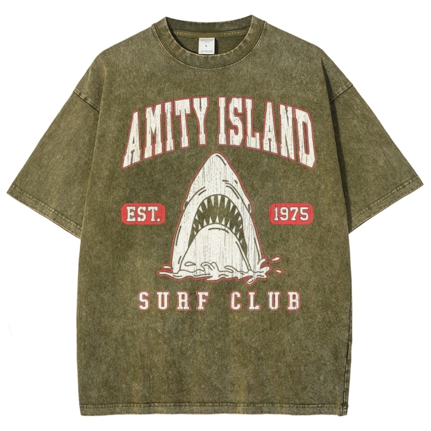 "Amity Island Surf Club" Retro Shark Washed T-Shirt