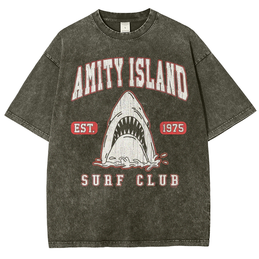 "Amity Island Surf Club" Retro Shark Washed T-Shirt