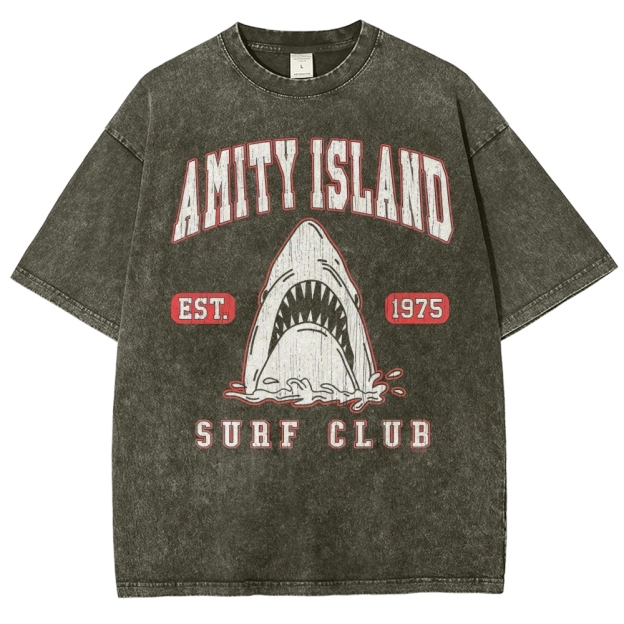 "Amity Island Surf Club" Retro Shark Washed T-Shirt