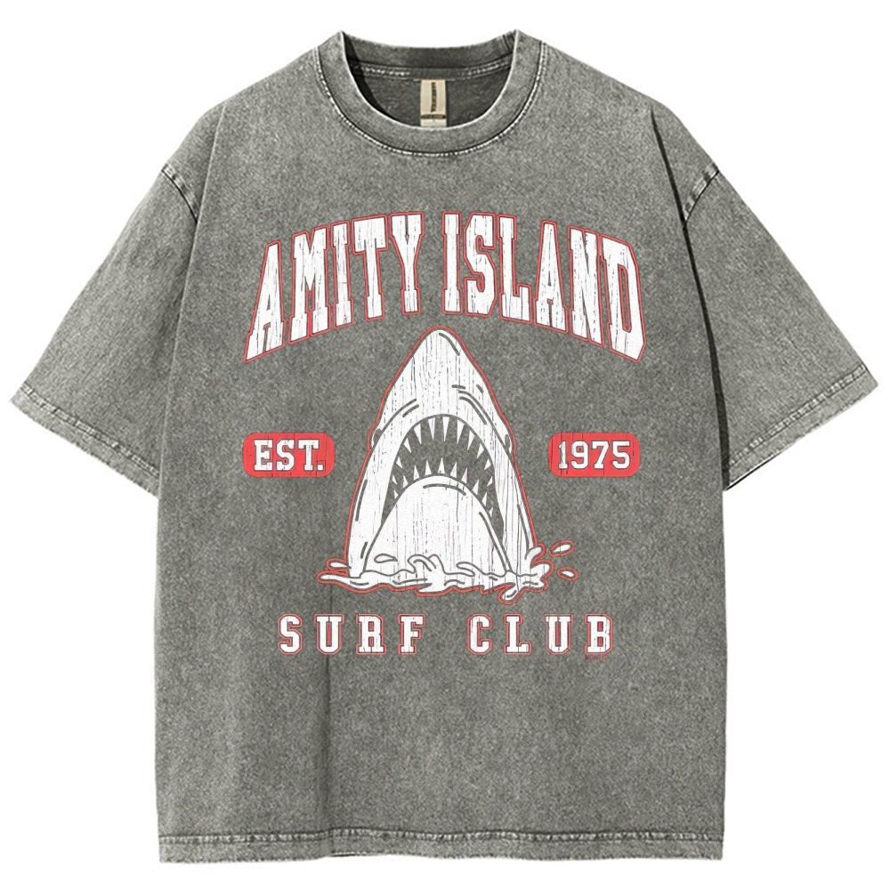 "Amity Island Surf Club" Retro Shark Washed T-Shirt