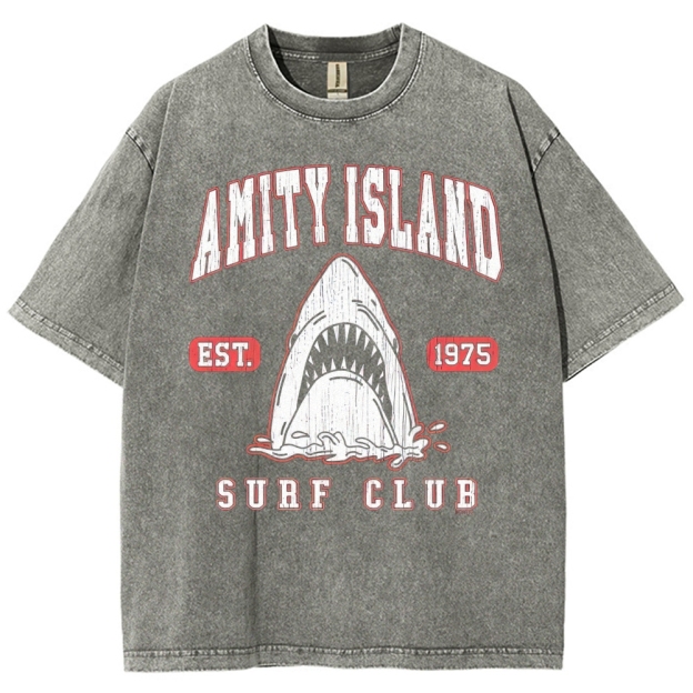 "Amity Island Surf Club" Retro Shark Washed T-Shirt