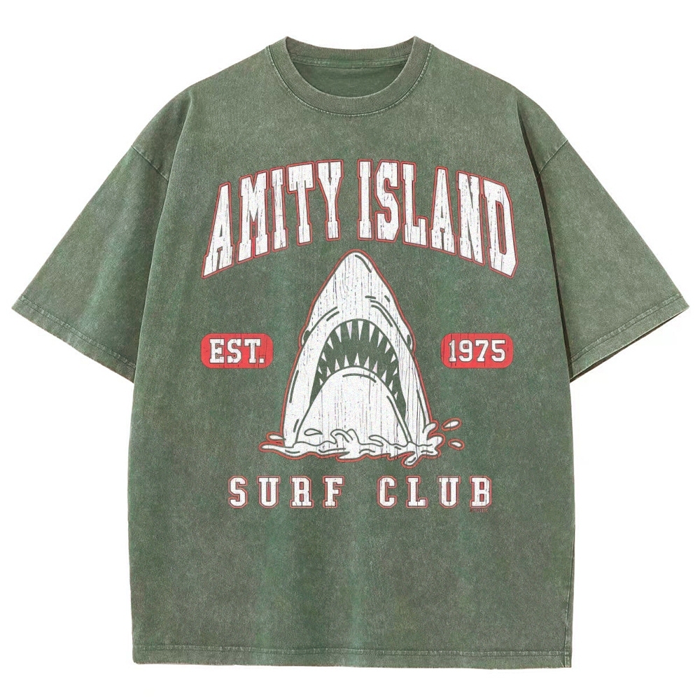 "Amity Island Surf Club" Retro Shark Washed T-Shirt