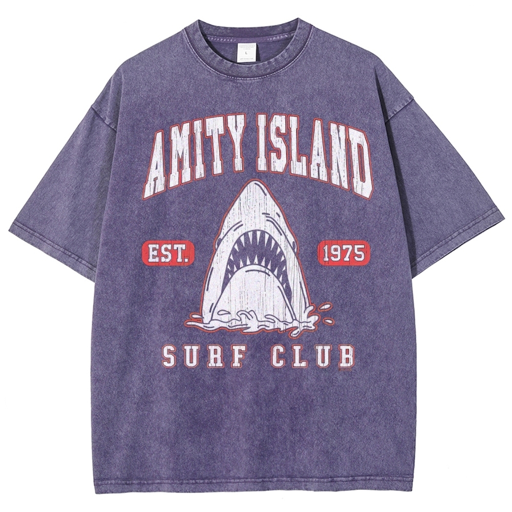 "Amity Island Surf Club" Retro Shark Washed T-Shirt