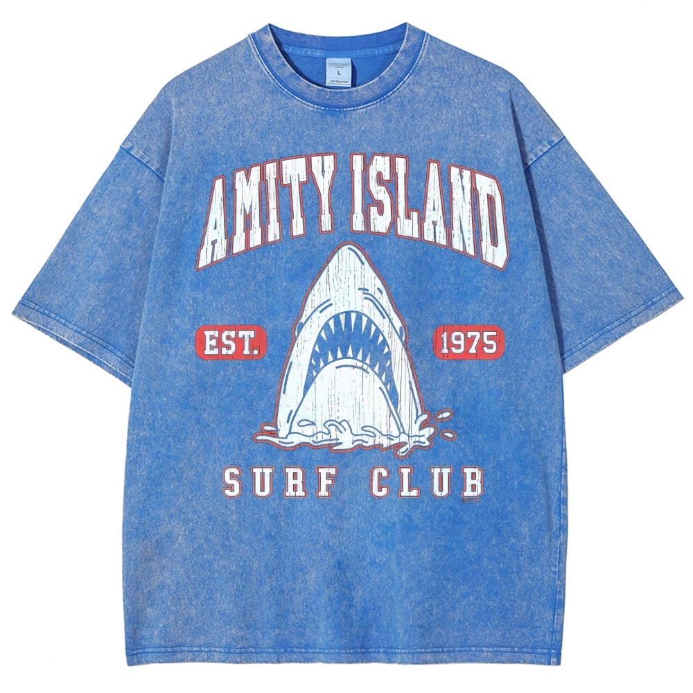 "Amity Island Surf Club" Retro Shark Washed T-Shirt