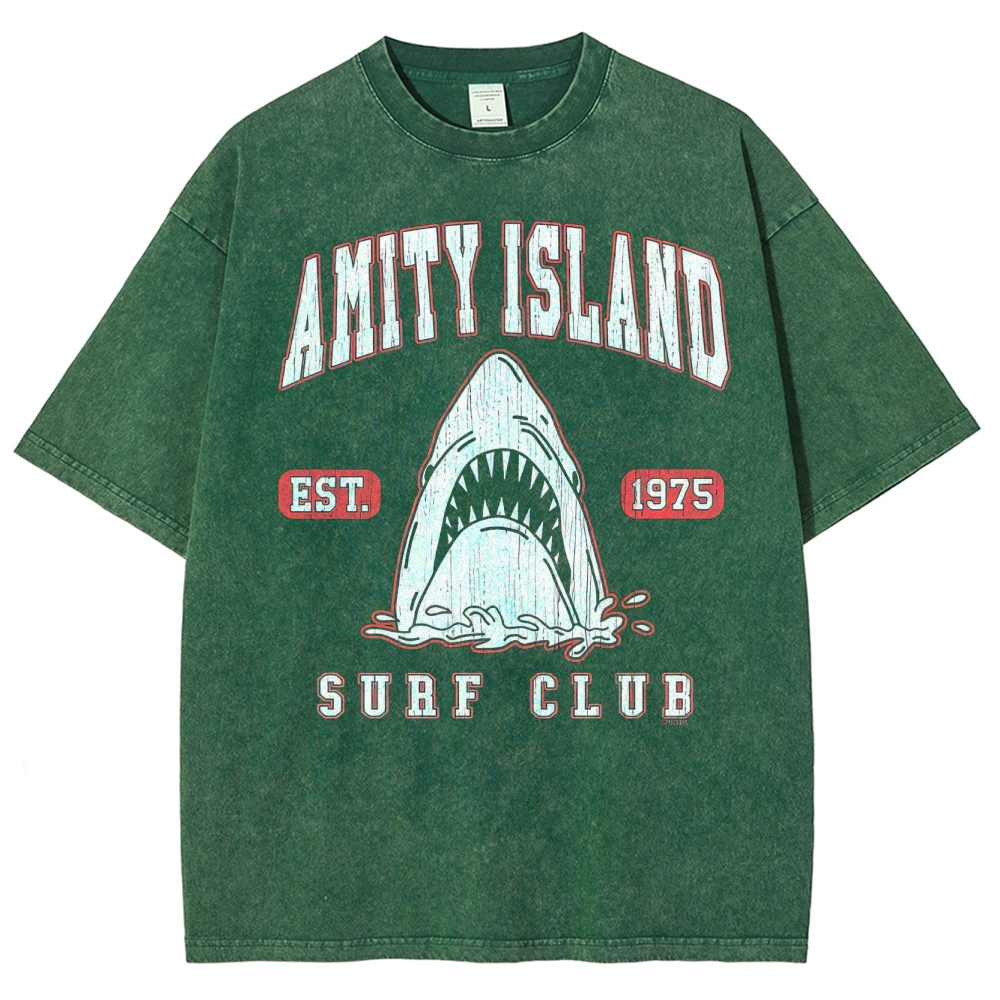 "Amity Island Surf Club" Retro Shark Washed T-Shirt