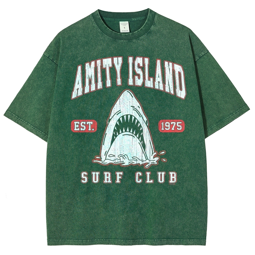 "Amity Island Surf Club" Retro Shark Washed T-Shirt