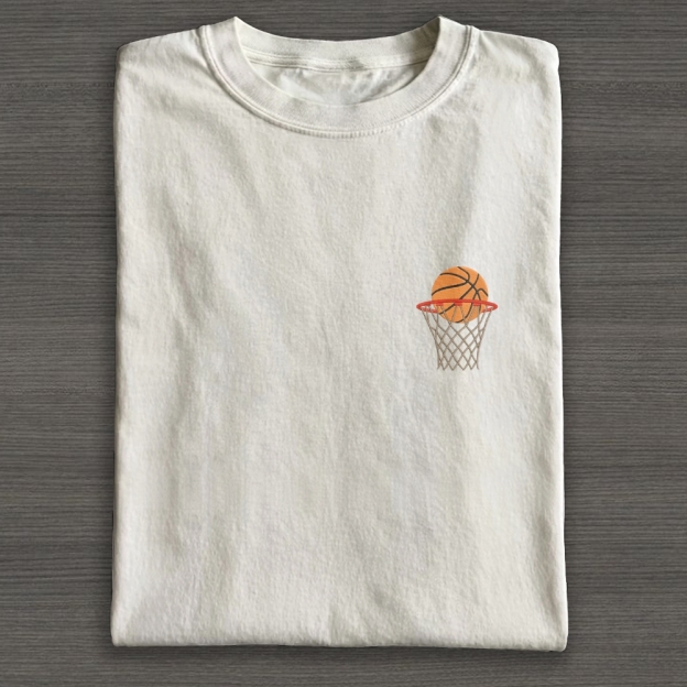 Basketball Ball in Basket Embroidery Cotton T-shirt