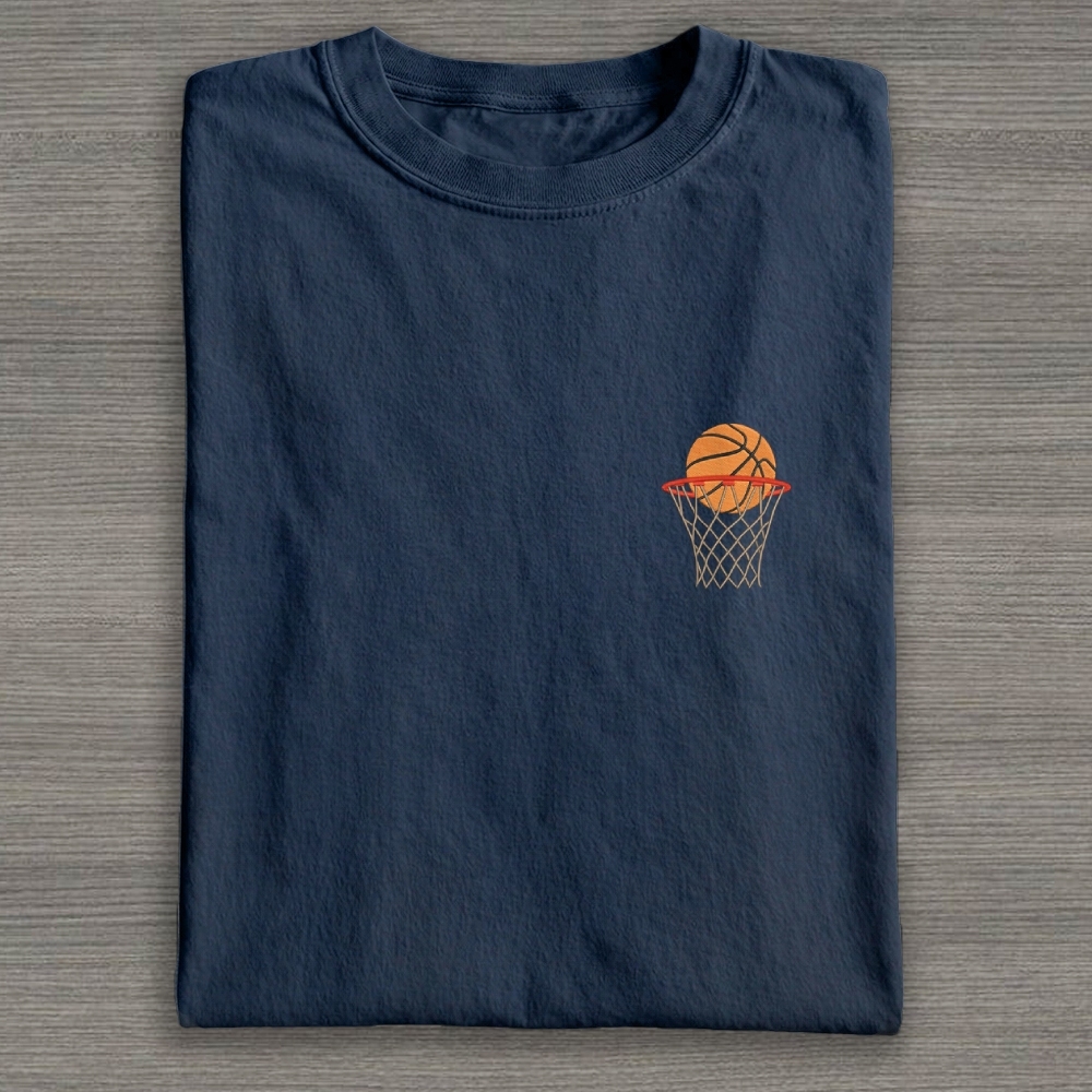 Basketball Ball in Basket Embroidery Cotton T-shirt