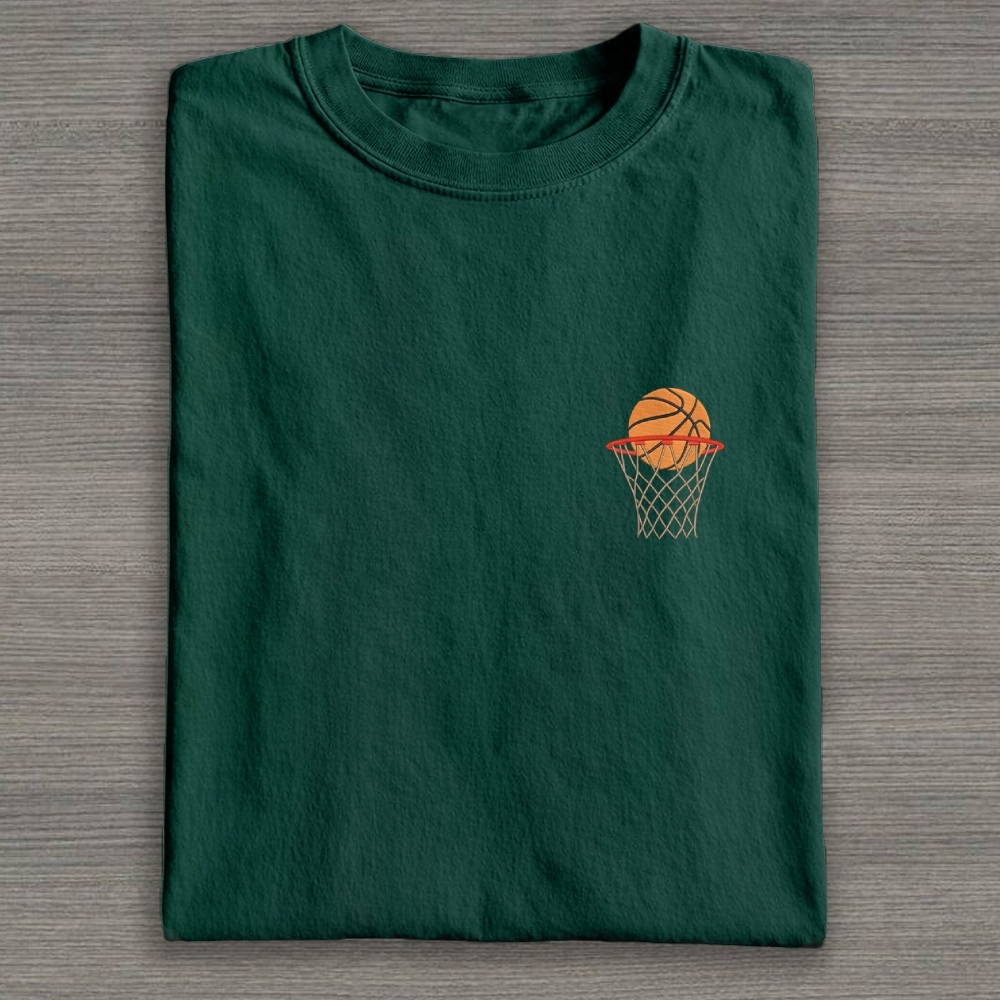 Basketball Ball in Basket Embroidery Cotton T-shirt