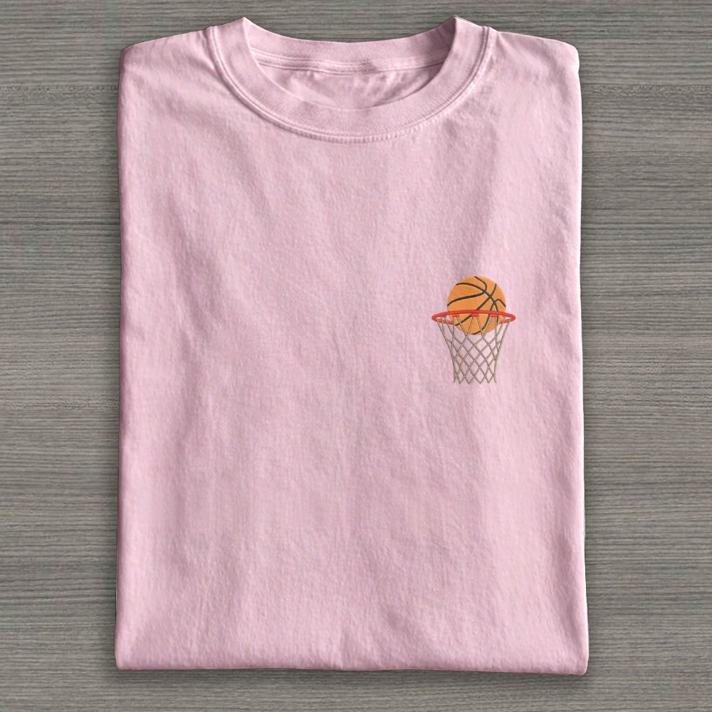 Basketball Ball in Basket Embroidery Cotton T-shirt