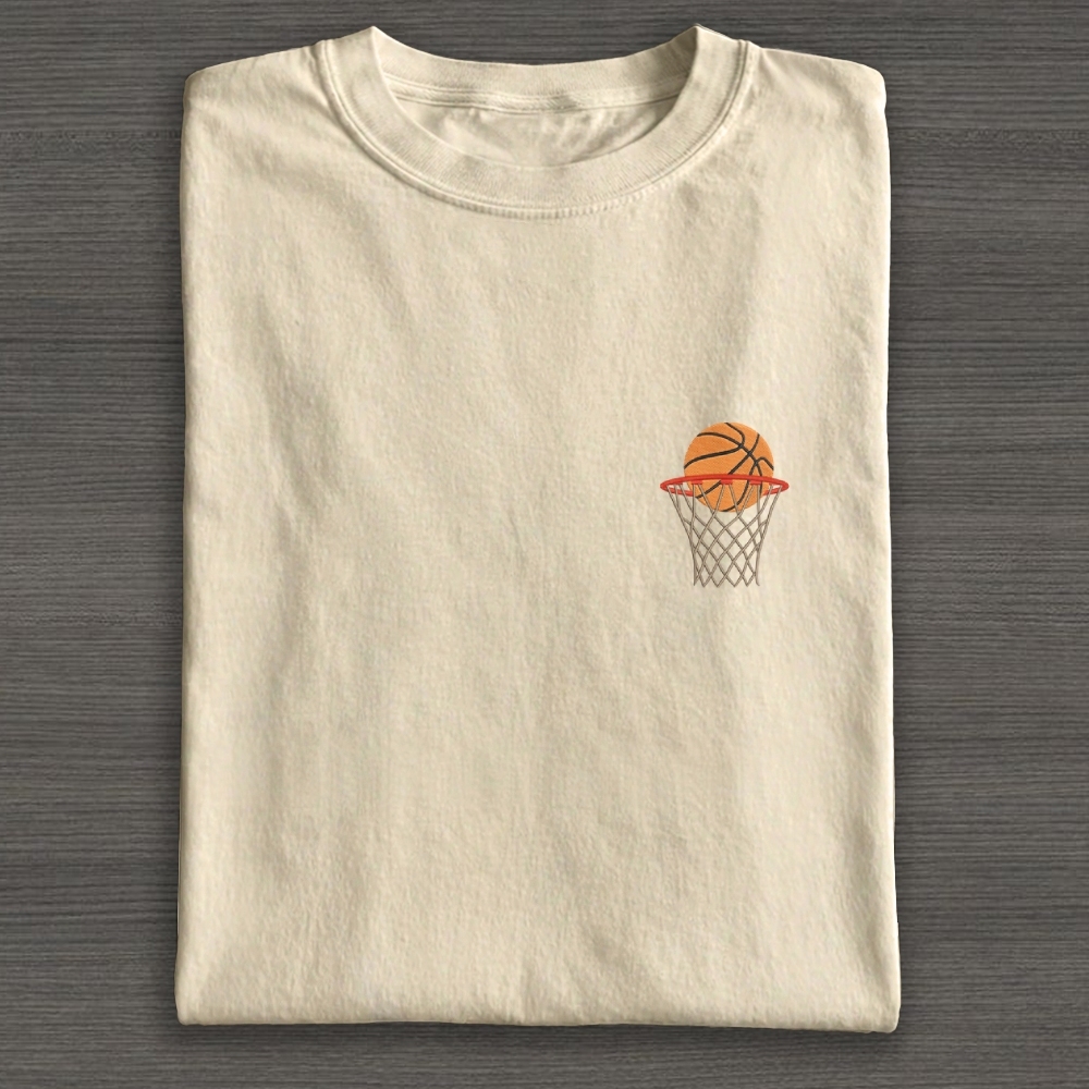 Basketball Ball in Basket Embroidery Cotton T-shirt